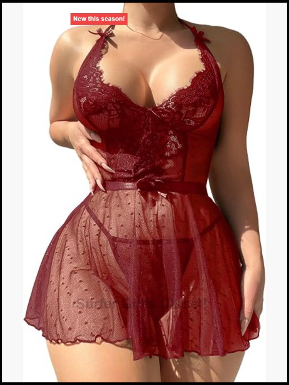 Sheer Mesh Lace Babydoll Lingerie Dress 2 Piece Set with Thong